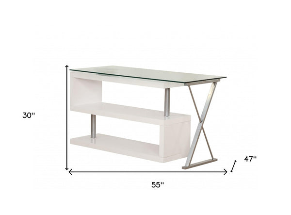 HomeRoots 55" Modern Clear Glass L-Shaped Executive Desk with Mirrored Accents & Bookcase for Ultimate Style 286409