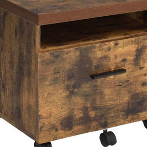19 Inch Rustic Rolling File Cabinet with Single Drawer Solid Wood Office Storage