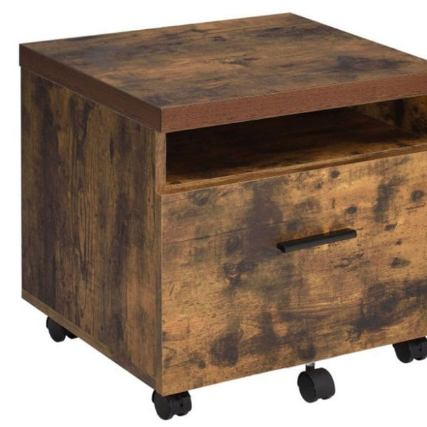 19 Inch Rustic Rolling File Cabinet with Single Drawer Solid Wood Office Storage
