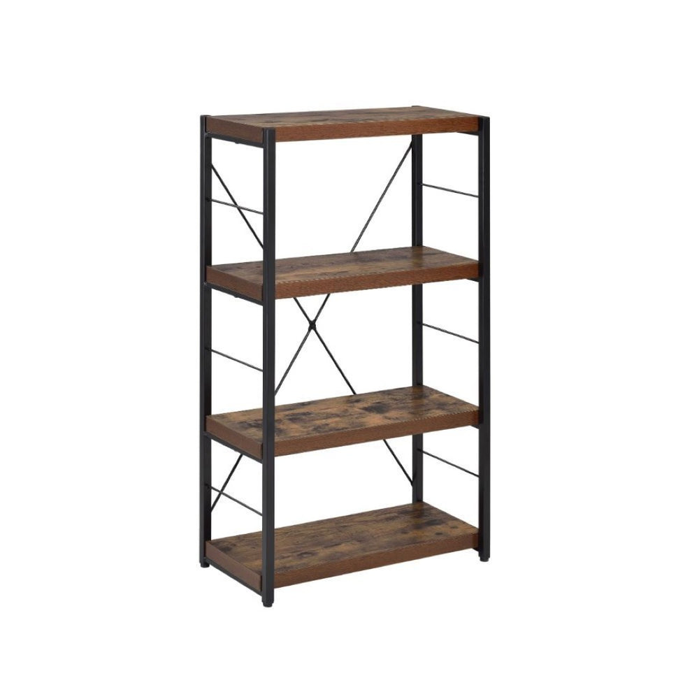 HomeRoots 43" Vintage-Industrial Black and Brown Distressed Etagere Bookcase with Three Sturdy Shelves 286421