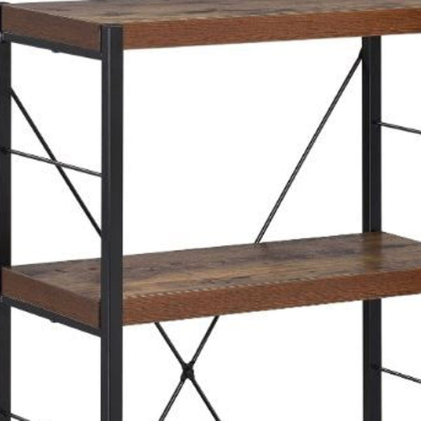 HomeRoots 43" Vintage-Industrial Black and Brown Distressed Etagere Bookcase with Three Sturdy Shelves 286421