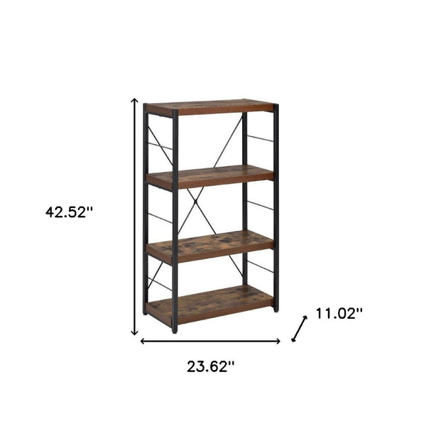 HomeRoots 43" Vintage-Industrial Black and Brown Distressed Etagere Bookcase with Three Sturdy Shelves 286421