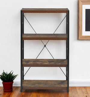 HomeRoots 43" Vintage-Industrial Black and Brown Distressed Etagere Bookcase with Three Sturdy Shelves 286421