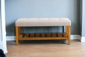 Homeroots 40" Light Gray And Brown Upholstered Polyester Bench With Shelves Light Gray Manufactured Wood 286429