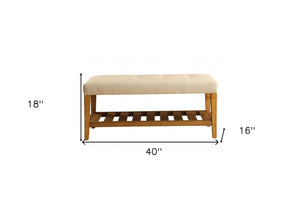 Homeroots 40" Beige And Brown Upholstered Polyester Bench With Shelves Beige Solid Wood 286430