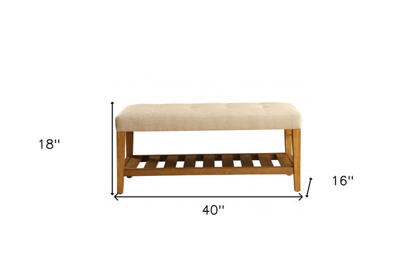 Homeroots 40" Beige And Brown Upholstered Polyester Bench With Shelves Beige Solid Wood 286430