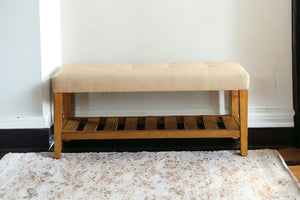 Homeroots 40" Beige And Brown Upholstered Polyester Bench With Shelves Beige Solid Wood 286430