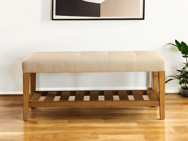 HomeRoots 40" Stylish Upholstered Bench with Open Shelves for Entryway, Hallway, or Laundry Room Organization Beige 286430