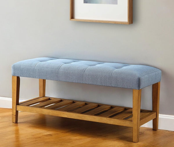 Homeroots 40" Blue And Brown Tufted Fabric Upholstered Storage Bench With Shelves Blue Manufactured Wood 286431