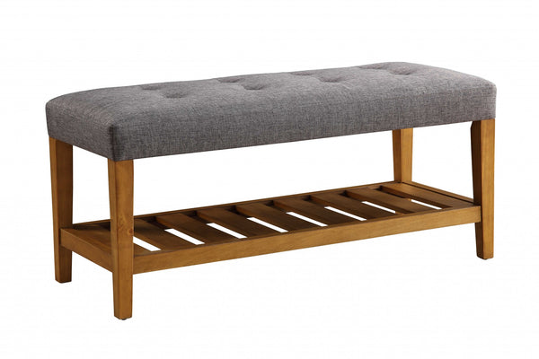 Homeroots 40" Gray And Brown Upholstered Linen Blend Bench With Shelves Gray Solid Wood 286432
