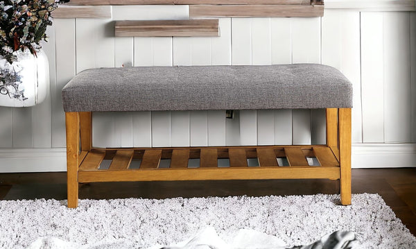 Homeroots 40" Gray And Brown Upholstered Linen Blend Bench With Shelves Gray Solid Wood 286432