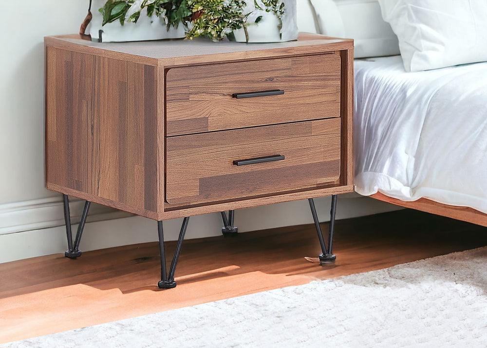 Homeroots 18" Brown Two Drawers Metal Nightstand Walnut  286438