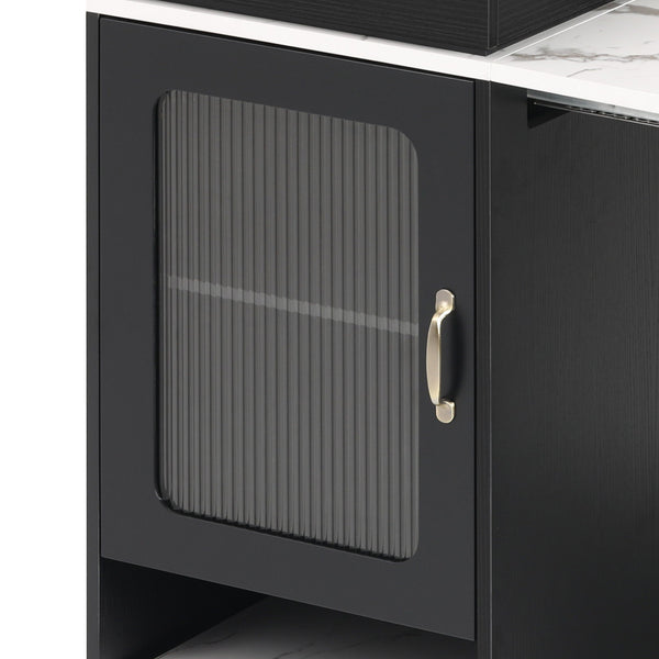 English Elm K&K Modern Extendable 59.5" Kitchen Island with Double-Sided Storage, Power Outlet & Casters Black N707S000017B