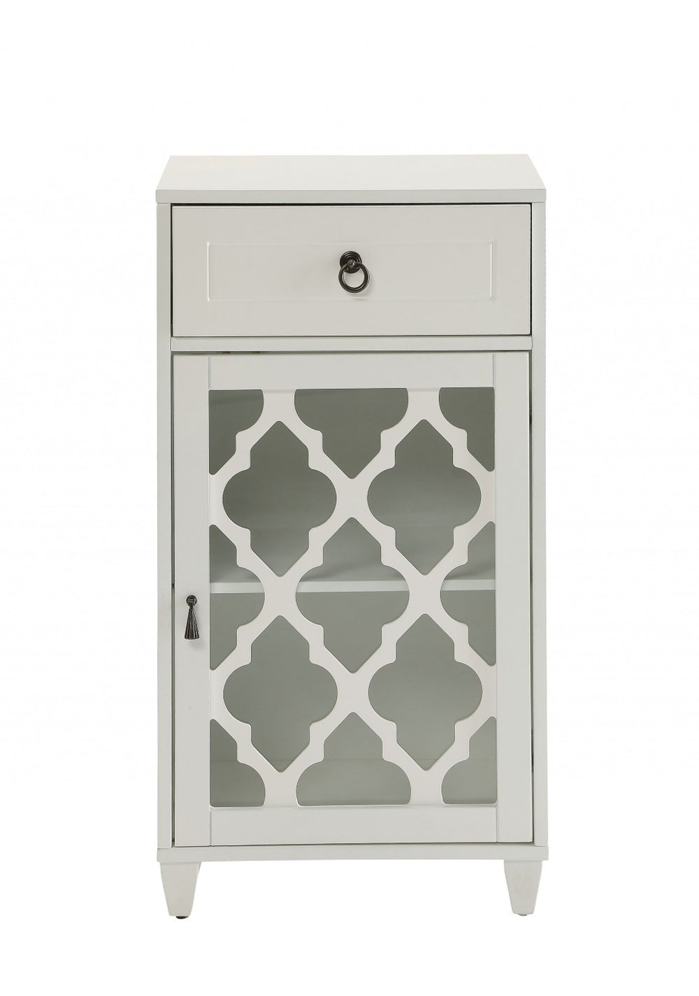 HomeRoots 17" Fret Work Design Glass Door Accent Cabinet - Chic Storage Solution for Any Room's Decor White 286452