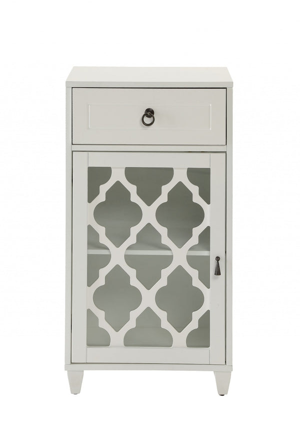 HomeRoots 17" Fret Work Design Glass Door Accent Cabinet - Chic Storage Solution for Any Room's Decor White 286452