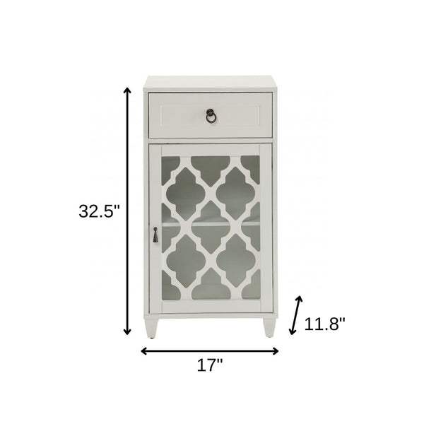 HomeRoots 17" Fret Work Design Glass Door Accent Cabinet - Chic Storage Solution for Any Room's Decor White 286452
