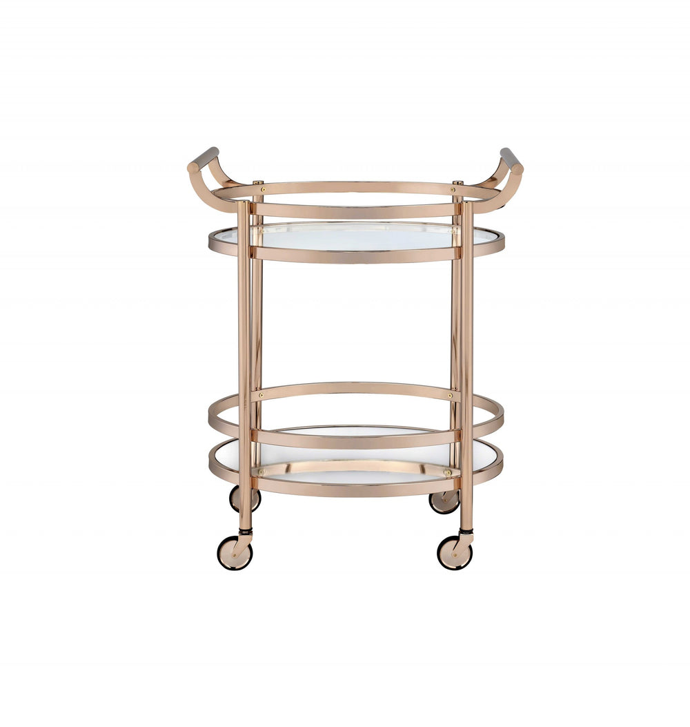 Homeroots 27" X 19" X 34" Clear Glass And Rose Gold Serving Cart  Glass 286459