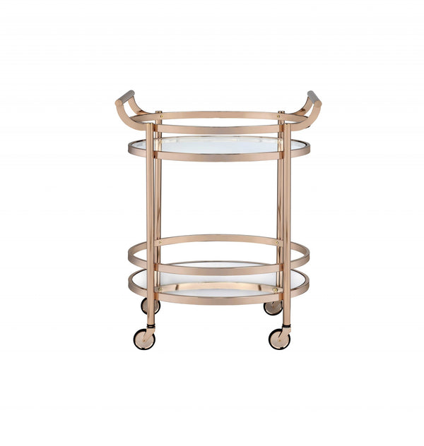 Homeroots 27" X 19" X 34" Clear Glass And Rose Gold Serving Cart  Glass 286459