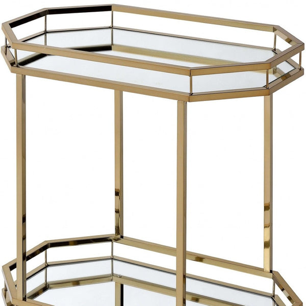 HomeRoots 28" Stylish Octagon Rolling Prep Table with Champagne Finish, Glass Top & Mobile Design for Kitchens 286460