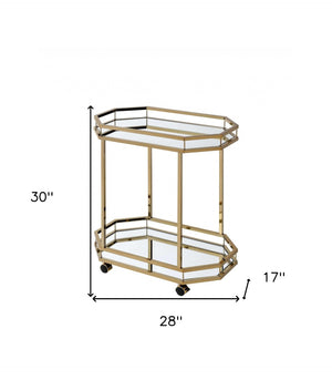 HomeRoots 28" Stylish Octagon Rolling Prep Table with Champagne Finish, Glass Top & Mobile Design for Kitchens 286460