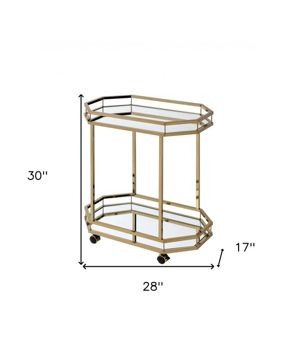 HomeRoots 28" Stylish Octagon Rolling Prep Table with Champagne Finish, Glass Top & Mobile Design for Kitchens 286460