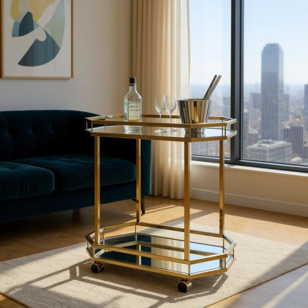HomeRoots 28" Stylish Octagon Rolling Prep Table with Champagne Finish, Glass Top & Mobile Design for Kitchens 286460