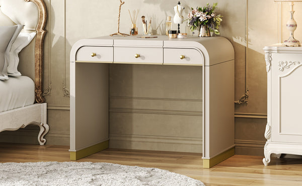 English Elm Classic Flip Top Vanity Desk with Gold Accents 2 Drawer Retro Bedroom Dressing Table Champagne N704P381406C