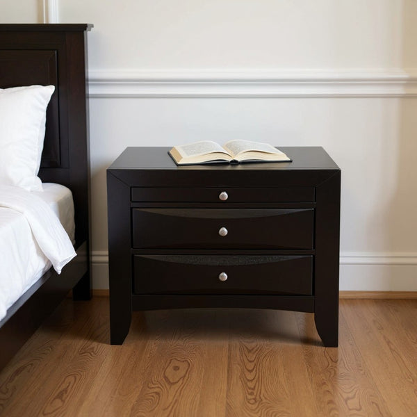 HomeRoots 25" Black Solid Wood Nightstand with 3 Drawers - Stylish Storage Solution for Any Space, Fully Assembled! 286488