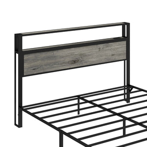 English Elm Queen Metal Platform Bed with Rgb Led Headboard Shelving and Built-in Charging Ports T3963P447321