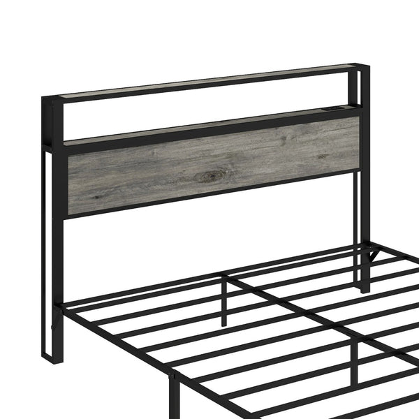 English Elm Queen Metal Platform Bed with Rgb Led Headboard Shelving and Built-in Charging Ports T3963P447321