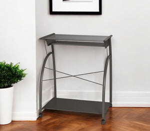 HomeRoots 32" Sleek Mirrored Glass and Stainless Steel Rolling Computer Desk for Modern Home Workspaces 286518