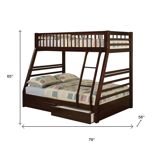 HomeRoots Espresso Twin-Over-Full Solid Wood Bunk Bed with Integrated Storage and Safety Features for Kids' Rooms Espresso 286524