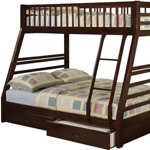 HomeRoots Espresso Twin-Over-Full Solid Wood Bunk Bed with Integrated Storage and Safety Features for Kids' Rooms Espresso 286524
