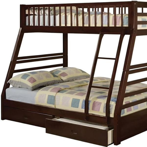 HomeRoots Espresso Twin-Over-Full Solid Wood Bunk Bed with Integrated Storage and Safety Features for Kids' Rooms Espresso 286524
