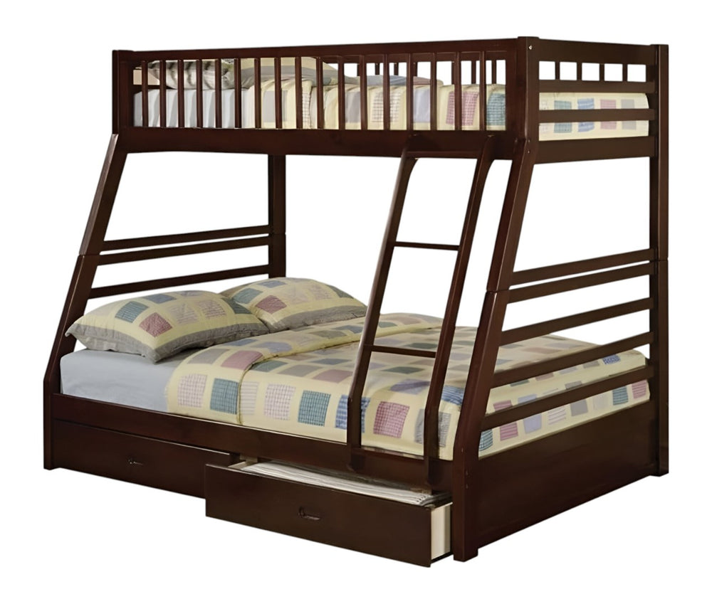 HomeRoots Espresso Twin-Over-Full Solid Wood Bunk Bed with Integrated Storage and Safety Features for Kids' Rooms Espresso 286524