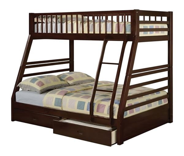 HomeRoots Espresso Twin-Over-Full Solid Wood Bunk Bed with Integrated Storage and Safety Features for Kids' Rooms Espresso 286524