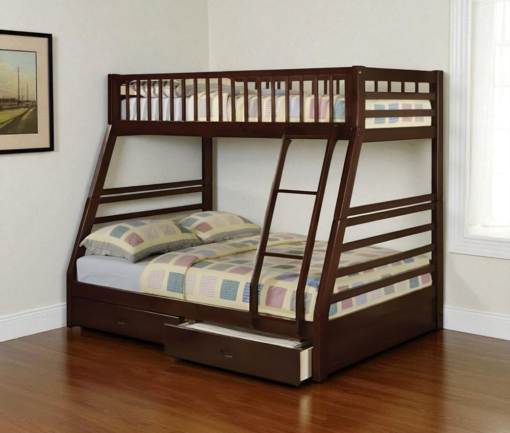 HomeRoots Espresso Twin-Over-Full Solid Wood Bunk Bed with Integrated Storage and Safety Features for Kids' Rooms Espresso 286524