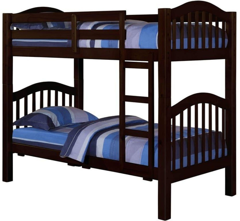 HomeRoots 80" Stylish Espresso Pine Twin Over Twin Bunk Bed - Versatile Design for Kids' Rooms & Sleepovers! 286536