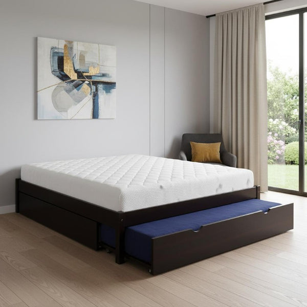 Espresso Solid Wood Twin Bed with Pull-out Trundle Sleepover Ready Youth Bedroom