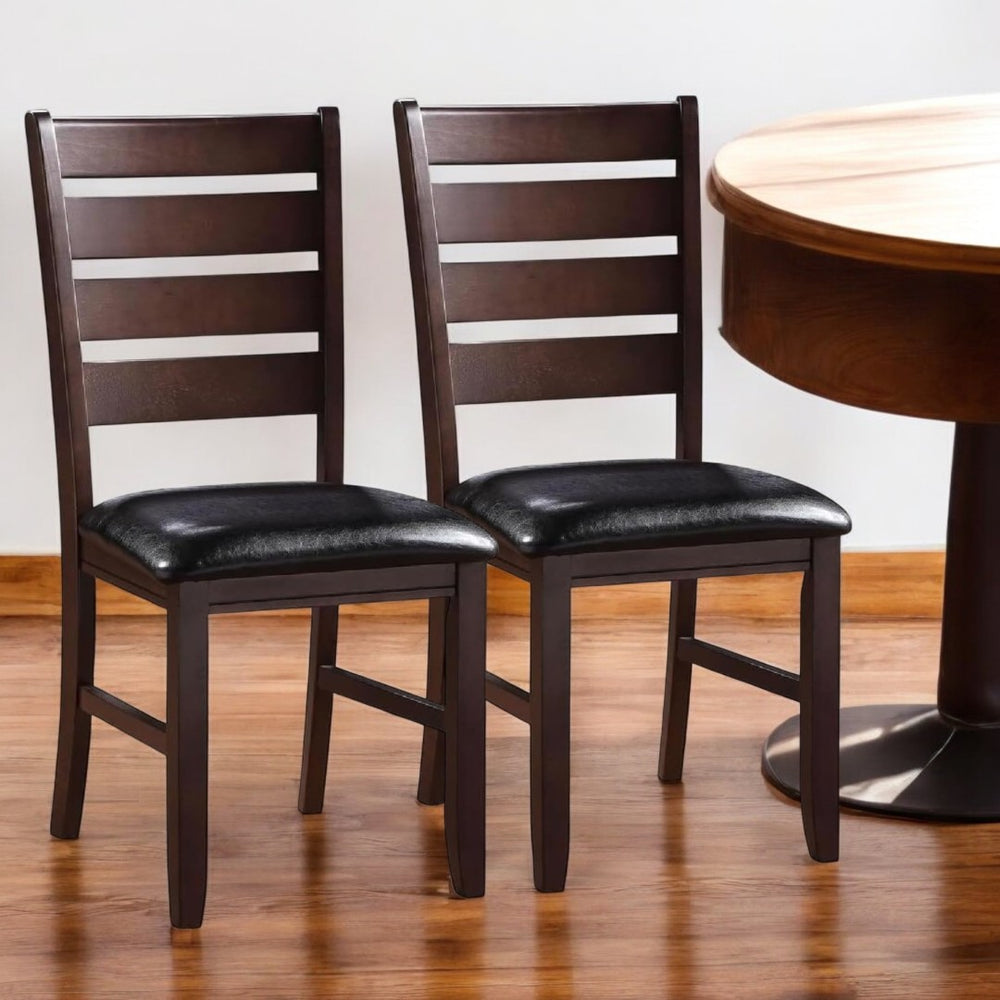HomeRoots Set of Two Black and Brown Faux Leather Dining Chairs with Stylish Wood Slat Back Design 286540