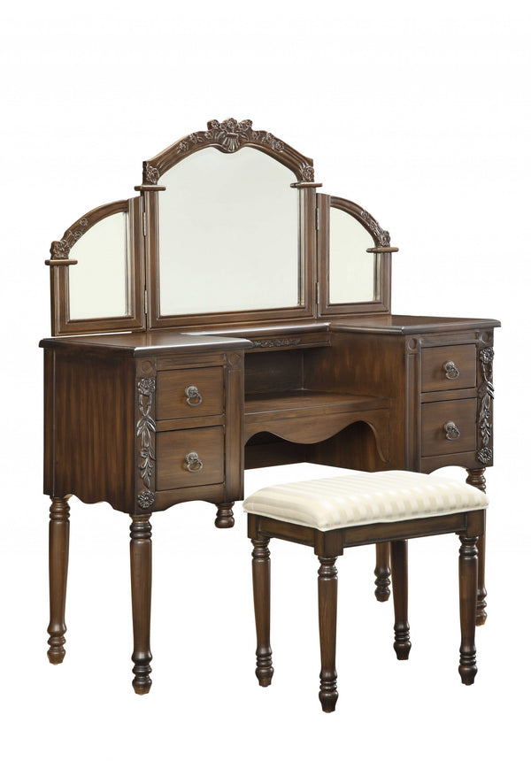 Homeroots 46" Oak Mirrored Vanity Table With Mirror Seating With Four Drawers  Wood 286543