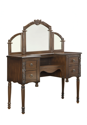 Homeroots 46" Oak Mirrored Vanity Table With Mirror Seating With Four Drawers  Wood 286543