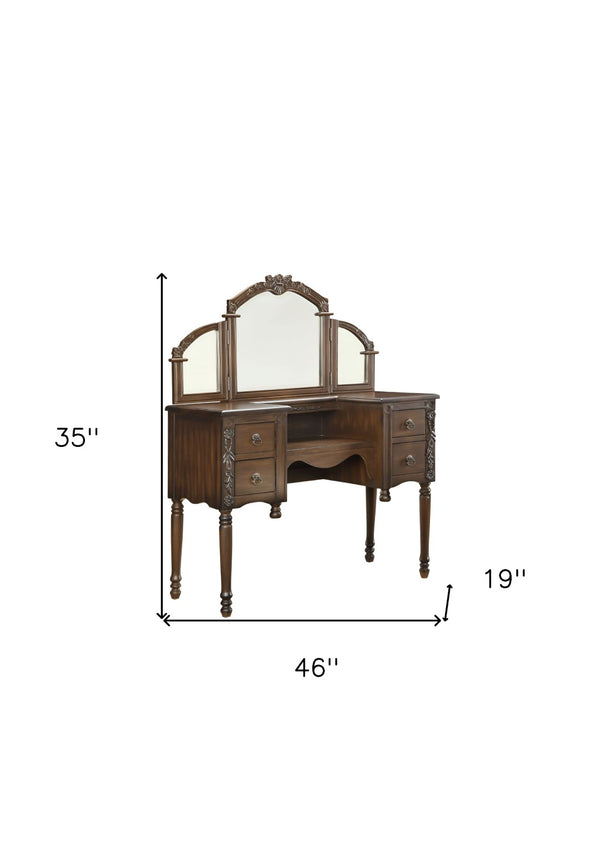 HomeRoots 46" Oak Solid Wood Vanity Table with Mirrored Accents - Elegant Design for Makeup & Storage Solutions 286543
