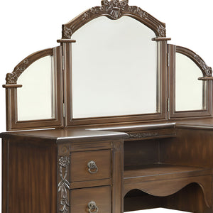 Homeroots 46" Oak Mirrored Vanity Table With Mirror Seating With Four Drawers  Wood 286543