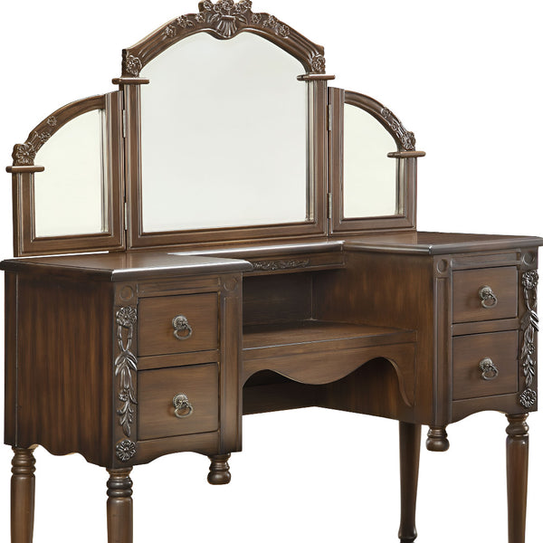 Homeroots 46" Oak Mirrored Vanity Table With Mirror Seating With Four Drawers  Wood 286543