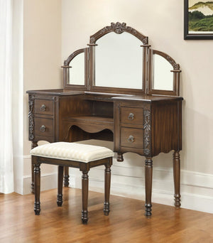 Homeroots 46" Oak Mirrored Vanity Table With Mirror Seating With Four Drawers  Wood 286543