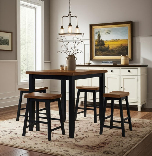 HomeRoots Five-Piece Solid Wood Dining Set: Modern Oak Table & Four Black Backless Chairs for Stylish Dining 286545