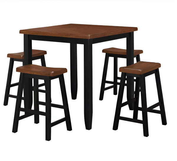 HomeRoots Five-Piece Solid Wood Dining Set: Modern Oak Table & Four Black Backless Chairs for Stylish Dining 286545