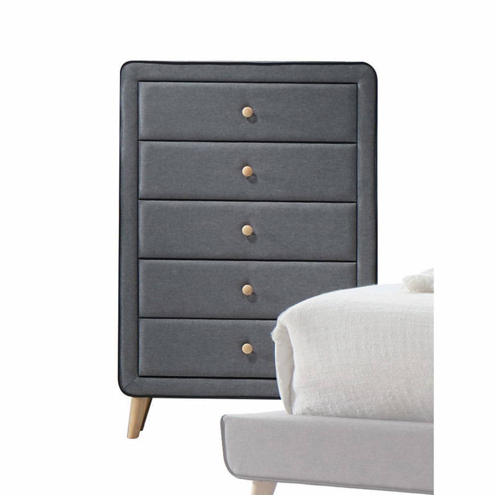Homeroots 46" Light Gray Upholstery 5 Drawer Chest Dresser With Light Natural Legs  Solid Wood 286556