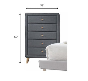 Homeroots 46" Light Gray Upholstery 5 Drawer Chest Dresser With Light Natural Legs  Solid Wood 286556